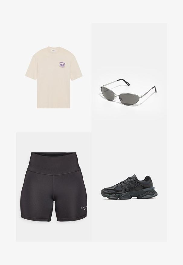 Beige bomull t-skjorte med et lilla sommerfugl grafikk og ordet "OBSCURE" på venstre brystområde, kort ermer og rund hals.; Svarte treningsshorts med høy midje, laget av glatt og elastisk stoff. Har flate sømmer og hvit logo tekst nederst til høyre.; Svart løpesko med en blanding av mesh og syntetiske materialer, chunky såle, buet design og fremtredende merkevare på siden.; Solbriller med en slank, sølvmetallisk ramme, gråtonede linser og et aerodynamisk design med spisse kanter og tynne armer.