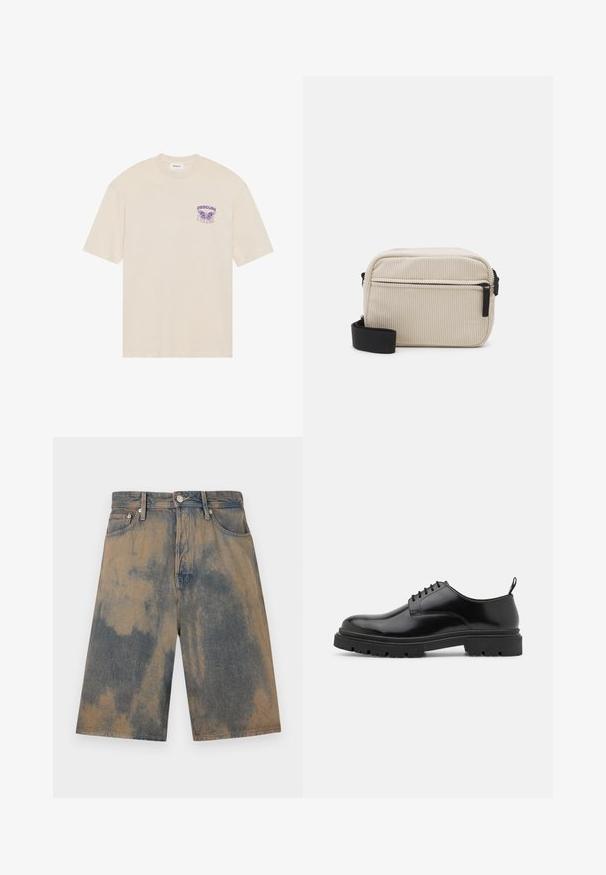 Bežové bavlnené tričko s fialovým motýľom na ľavej strane hrudníka a nápisom "OBSCURE", krátke rukávy a zaoblený výstrih.; Džínové šortky s vybledlým modro-bežovým tie-dye efektom, s klasickým päť vreckovým dizajnom a kovovými detailmi.; Čierne kožené šnurovacie topánky s okrúhlym špičkou, hladkou textúrou a ryhovanou gumovou podrážkou. Obsahujú malý podpätok a úchytku na zadnej strane.; Kremovo sfarbená kordová crossbody taška s čiernym zipsom, odnímateľným popruhom a textúrovaným vzorom. Obsahuje jednu hlavnú priehradku a predný vrecko.