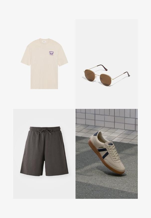 T-shirt en coton beige avec un graphique de papillon violet et le mot "OBSCURE" sur la zone de la poitrine gauche, manches courtes et encolure arrondie.; Shorts gris foncé en tissu doux, dotés d'une taille élastique, d'un cordon de serrage réglable et d'une coupe au niveau des genoux. Texture lisse, sans motifs.; Baskets beiges avec une finition texturée, bandes navy et semelle en caoutchouc. Équipées d'une languette rembourrée et d'un système de laçage traditionnel pour un maintien sécurisé.; Lunettes de soleil en métal doré avec des verres ronds teintés de brun. Présentent des branches fines avec un motif écaille de tortue sur les embouts. Plaquettes de nez transparentes incluses.