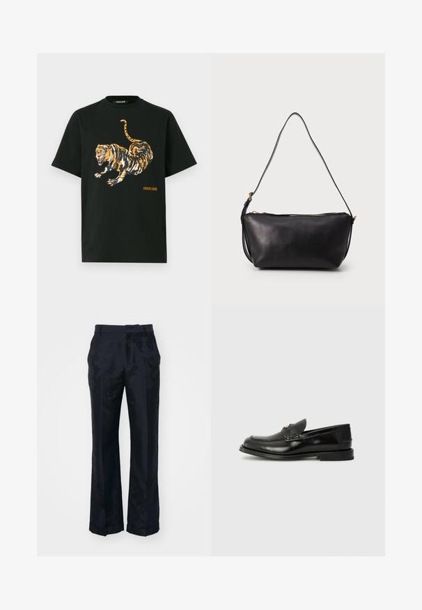 Fekete, rövid ujjú póló, amelyen egy nagy, vad oroszlánszemű narancssárga és fekete tigrisgrafika található, valamint egy apró narancssárga "roberto cavalli" felirat elöl.; Fekete, bő szabású nadrág, finom virágmintával, sima anyagból és hajtott szegéllyel. Normál derékpánttal és lapos elejével készült.; Fekete bőr loafer kerek orral, díszvarrással és kis elülső hajtókával. Laposságű, minimális sarokkal rendelkező gumi talp.; Fekete bőr válltáska, egy hosszú, állítható pánttal és arany zippzárral a tetején, sima háttér előtt kiállítva.