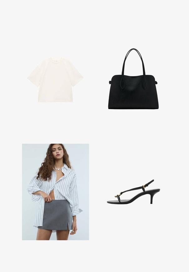 Übergroßes weißes Baumwoll-T-Shirt mit kurzen Ärmeln, rundem Ausschnitt und glatter Textur. Keine Muster oder sichtbaren Hardwaredetails.; Junge Frau mit langen, lockigen Haaren, die ein weißes, gestreiftes Oversized-Hemd, einen grauen Minirock mit Schlitz vorne und eine sternförmige Halskette trägt.; Schwarze Leder-Kitten-Heel-Sandale mit dünnen Riemen, goldener Schnalle und minimalistischer Zehen-Schlaufe vor einem weißen Hintergrund.; Schwarze Lederhandtasche mit zwei Schulterriemen, rechteckiger Form und minimalistischem Design auf weißem Hintergrund.