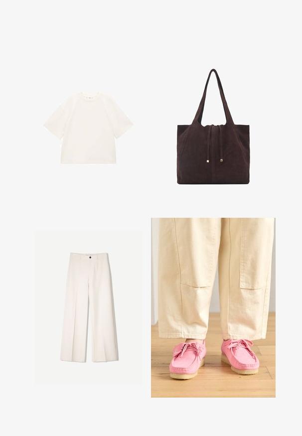 T-shirt bianca di cotone oversize con maniche corte, scollatura rotonda e superficie liscia. Senza motivi o dettagli metallici visibili.; Pantaloni larghi color crema con design sartoriale, dotati di due tasche frontali e una chiusura con bottone anteriore, realizzati in tessuto liscio.; Scarpe mocassino in suede rosa con lacci, caratterizzate da una superficie testurizzata e una suola in gomma beige chiaro, abbinate a pantaloni beige.; Mango Shopping bag - dark brown