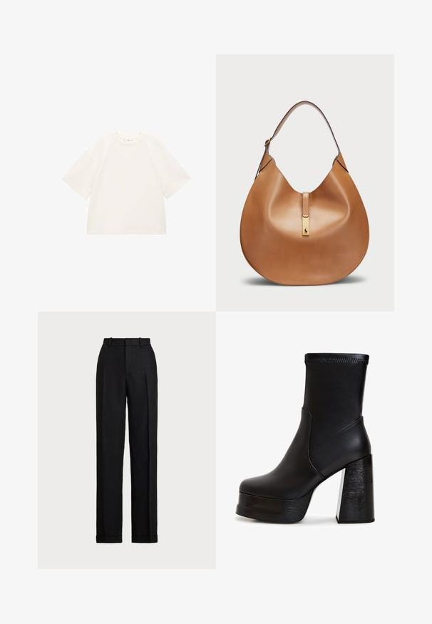 Tricou de bumbac alb supradimensionat, cu mâneci scurte, guler rotund și textură netedă. Fără modele sau detalii hardware vizibile.; Pantaloni negri, cu talie înaltă, din in. Au un croi drept, pliuri presate și tiv cu mansete. Fără buzunare sau închideri vizibile.; Botine negre până la glezne confecționate din piele fină. Au un toc înalt, cu o textură asemănătoare lemnului, și o platformă solidă. Detalii cu cusătură pe partea superioară.; Geantă din piele de culoare tan, cu o formă curbată și o curea lată pentru umăr. Se evidențiază printr-un accent metalic auriu în centru și o textură netedă.