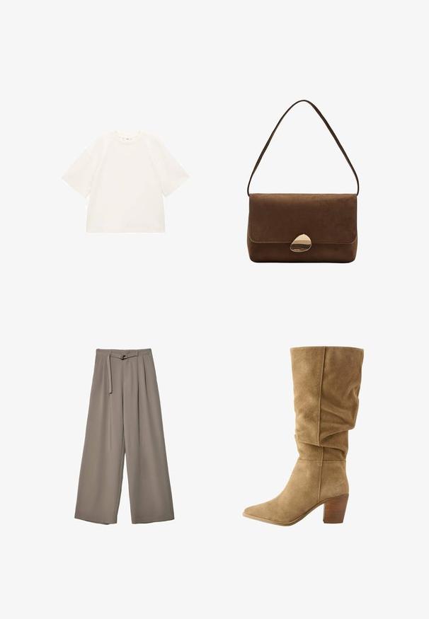 Oversized white cotton t-shirt with short sleeves, round neckline, and smooth texture. No patterns or visible hardware details.; Wide-leg trousers in a soft, muted grey fabric, featuring a belted waist and pleats for added design detail. Smooth texture, no patterns.; Brown suede knee-high boot with a slouched design, pointed toe, and stacked wooden heel. Soft texture with visible stitching accents.; Brown suede shoulder bag with curved gold clasp and single strap, rectangular shape with flap closure.
