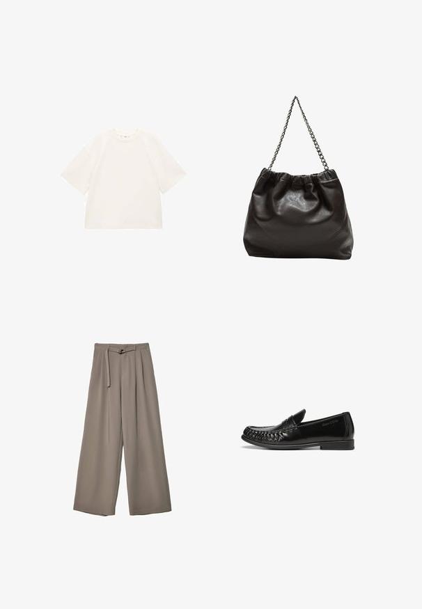 Oversized white cotton t-shirt with short sleeves, round neckline, and smooth texture. No patterns or visible hardware details.; Wide-leg trousers in a soft, muted grey fabric, featuring a belted waist and pleats for added design detail. Smooth texture, no patterns.; Black leather loafers with a smooth, shiny surface, rounded toe, and decorative stitching along the edges. Flat rubber sole with minimal tread.; Brown leather bag with a gathered top and a chain strap. Smooth texture with a glossy finish and subtle seam detailing on the sides.