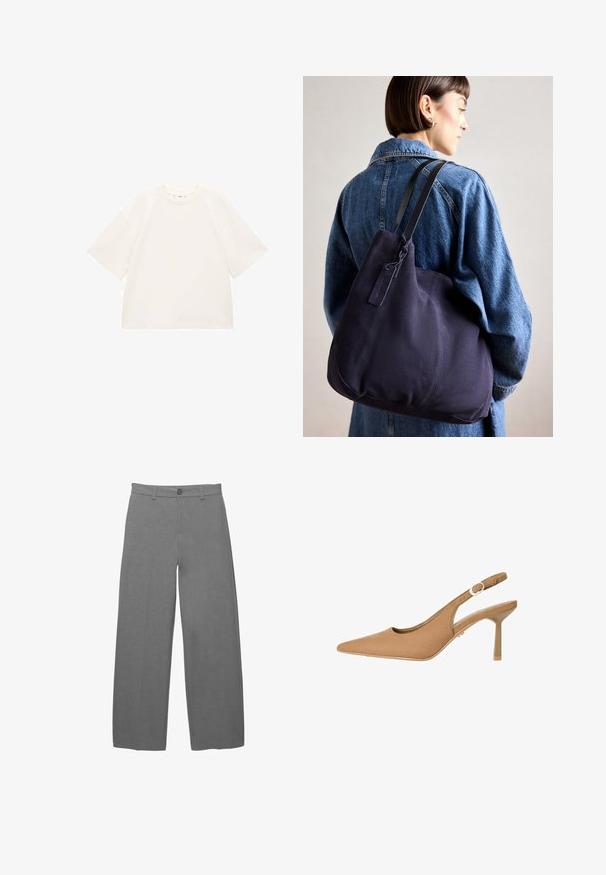 Oversized witte katoenen t-shirt met korte mouwen, ronde halslijn en een gladde textuur. Geen patronen of zichtbare hardwaredetails.; Grijze wijdere broeken gemaakt van een gestructureerde stof, met een knoopsluiting en tailleband, in een recht gesneden silhouet.; Bruine slingback hak met spitse neus, gladde textuur, verstelbare band en een slanke hak. Minimalistisch ontwerp met subtiele gouden hardwareaccenten.; Marine canvas schoudertas met een zachte, gestructureerde vorm, voorzien van een zwarte strap, gestikte details en een klein merketiket.