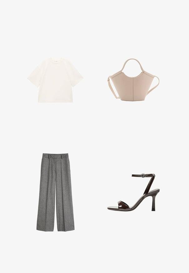 T-shirt bianca di cotone oversize con maniche corte, scollatura rotonda e superficie liscia. Senza motivi o dettagli metallici visibili.; Pantaloni larghi in lana grigia con passanti per cintura e pinces frontali, progettati per un fit rilassato e sartoriale.; Sandalini con tacco alto in pelle verniciata marrone, con cinturino alla caviglia, punta aperta e un design elegante e minimalista. Presentano un tacco quadrato.; Borsa in pelle beige con una forma unica, caratterizzata da due manici corti e una lunga tracolla regolabile. Texture liscia con hardware minimale.