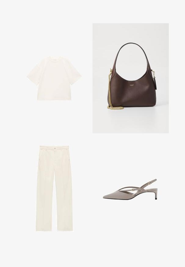 Oversized white cotton t-shirt with short sleeves, round neckline, and smooth texture. No patterns or visible hardware details.; Beige wide-leg trousers made of smooth fabric, featuring a front button closure, two side pockets, and minimal stitching details.; Beige slingback heels with a pointed toe, thin crossed straps, and a short stiletto heel. Smooth fabric with gold-tone hardware accents.; COACH BROOKLYN SHOULDER BAG 23 - Handbag - maple