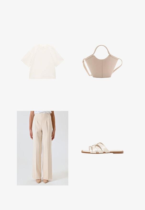 Przesadnie duża biała koszulka bawełniana z krótkimi rękawami, okrągłym dekoltem i gładką fakturą. Bez wzorów ani widocznych detali.; Beżowe, wysokie spodnie o prostym kroju, z wyraźnymi plisami i gładką fakturą. W połączeniu z cielistymi szpilkami o spiczastym nosku.; Płaskie sandały z brązową gumową podeszwą, zaprojektowane z trzema nakładającymi się na siebie białymi skórzanymi paskami i małym detalem w postaci kokardy na środku.; Beżowa skórzana torebka o unikalnym kształcie, z dwoma krótkimi uchwytami i długim, regulowanym paskiem. Gładka tekstura z minimalną ilością elementów metalowych.