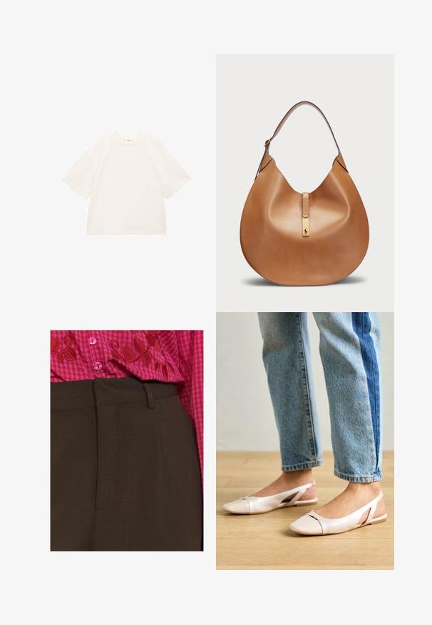 Przesadnie duża biała koszulka bawełniana z krótkimi rękawami, okrągłym dekoltem i gładką fakturą. Bez wzorów ani widocznych detali.; Brązowe spodnie o gładkiej fakturze, z bocznymi kieszeniami i slim fit. Połączone z różową koszulą w kratę, haftowaną czerwonymi liśćmi.; Jasnoróżowe baleriny na odkrytej pięcie z wąskim noskiem, wykonane z gładkiego materiału imitującego skórę. Posiadają wycięcia po bokach oraz płaski obcas.; Torba skórzana w kolorze brązowym o zaokrąglonym kształcie i szerokim pasku na ramię. Posiada złoty metalowy akcent na środku oraz gładką fakturę.