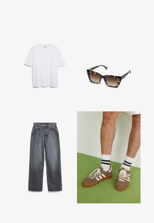 Weißes Baumwoll-T-Shirt mit kurzen Ärmeln, runder Halslinie und lockerer Passform. Keine sichtbaren Muster oder Logos. Glatte Textur.; Gerade geschnittene graue Jeans aus Denim mit Knopf- und Reißverschluss, ausgestattet mit vier Taschen und einem verwaschenen Finish. Klare Linien und schlichtes Design.; Braune Wildleder-Sneaker mit weißen Akzenten und Schnürsenkeln. Gummisohle in Kautschuk-Optik. Getragen mit weißen Socken, die schwarze Streifen haben. Grüner strukturierter Fußboden.; Sonnenbrille im Schildpatt-Muster mit Katzenaugenform, braunen Verlaufsgläsern und schlanken Bügeln mit Markenlogo.; Grüne geflochtene Lederhandtasche mit Klappenverschluss, goldenem Kettenriemen und glatter Textur. Verfügt über eine strukturierte rechteckige Form.