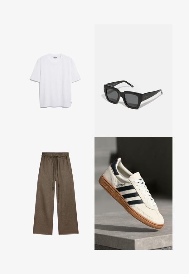 Witte katoenen t-shirt met korte mouwen, een ronde halslijn en een losse pasvorm. Geen zichtbare patronen of logo's. Zachte textuur.; Wijdvallende broeken in olijfgroen, gemaakt van een zachte, gestructureerde stof. Voorzien van een elastische tailleband met een trekkoord en zijzakken.; Witte suède sneakers met marineblauwe strepen, rubberen gumzool, gestructureerde bovenkant, ronde neus en veters; heeft branding aan de zijkant en op de tong.; Zwarte vierkante zonnebril met donkere lenzen, een dik plastic montuur en slanke pootjes. Bevat subtiele branding aan de zijkant.; Olijfgroene handtas met een gladde afwerking, een afgeronde bovenrand en een enkele zwarte handgreep. Heeft een minimalistisch ontwerp en een driehoekige basis.