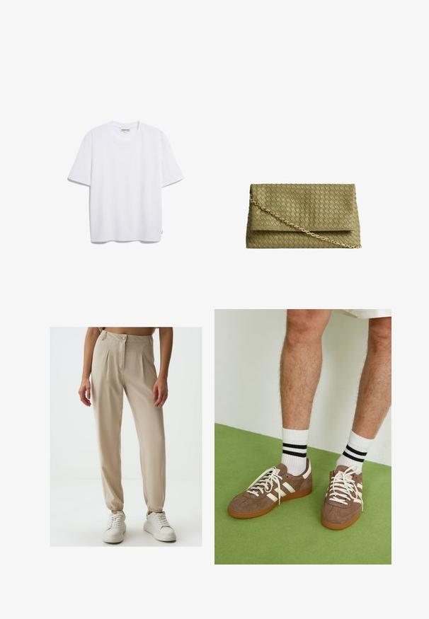Weißes Baumwoll-T-Shirt mit kurzen Ärmeln, runder Halslinie und lockerer Passform. Keine sichtbaren Muster oder Logos. Glatte Textur.; Beige Plissee-Hosen mit Knopfverschluss, elastischen Bündchen und glatter Textur, kombiniert mit weißen Sneakers auf einem schlichten Hintergrund.; Braune Wildleder-Sneaker mit weißen Akzenten und Schnürsenkeln. Gummisohle in Kautschuk-Optik. Getragen mit weißen Socken, die schwarze Streifen haben. Grüner strukturierter Fußboden.; Grüne geflochtene Lederhandtasche mit Klappenverschluss, goldenem Kettenriemen und glatter Textur. Verfügt über eine strukturierte rechteckige Form.