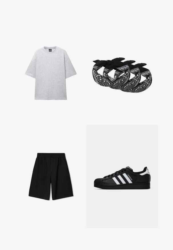 Grijze korte mouw T-shirt van zacht materiaal; heeft een ronde halslijn en een ontspannen pasvorm met verlaagde schouders. Geen patronen of accenten aanwezig.; Zwarte katoenen shorts met een elastische tailleband, zijzakken en een ontspannen pasvorm, kenmerken een gladde textuur en een rechte zoom.; Zwarte Adidas Superstar sneaker met witte strepen, schelpneus en 'Superstar' tekst aan de zijkant, afgebeeld in zijaanzicht op een witte achtergrond.; Zwart-witte bandana's met een paisley patroon, gemaakt van lichtgewicht stof met geknoopte uiteinden voor verstelbare styling.