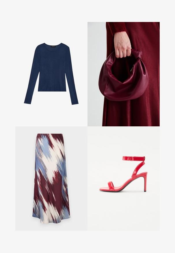 Laine pitkähihaisen yläosan pehmeä kangas, jossa on pyöreä pääntie ja tasaiset saumat hihoissa, sekä rento istuvuus.; Pitkä hame, jossa on vino shibori-kuvio burgundinpunaisena, sinisenä ja kermanvärisenä, valmistettu pehmeästä kankaasta, jossa on valuvat siluetit ja hienoinen kiilto.; Punainen korkokenkä, jossa on kiiltävä lakattu nahka, säädettävä nilkkaremmu ja kaksi ohutta etuolkainta. Kevyt ja tyylikäs muotoilu.; Burgundy-nahkakäsilaukku, jossa on pehmeä, ryppyinen muotoilu ja pyöreä muoto. Kahva on kiinnitetty tukevasti, ja siinä on sileä pinta.