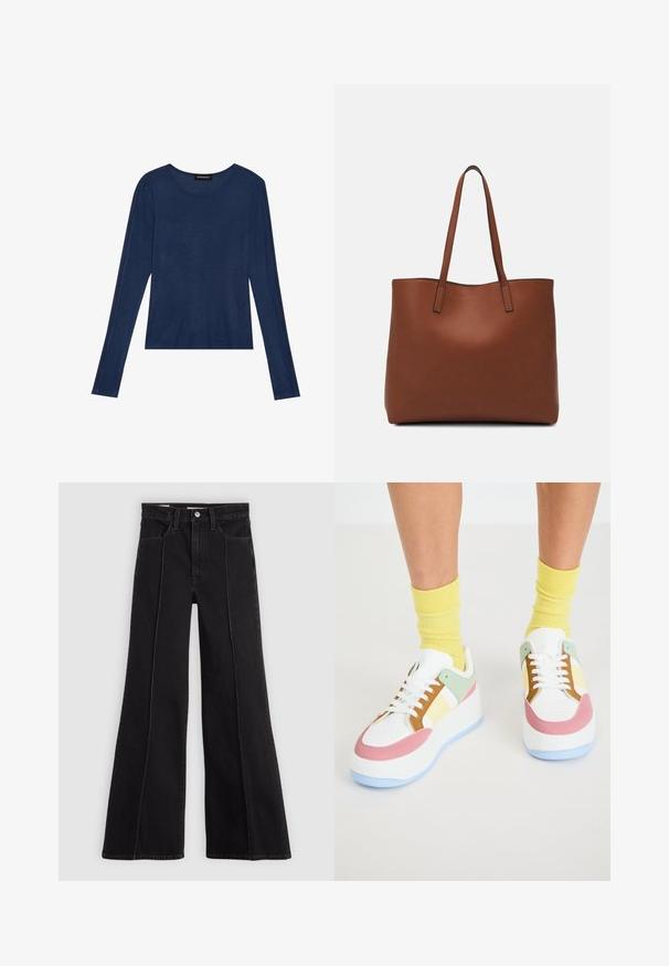 Marineblå langermet topp i myk stoff, har rund halslinning og flate sømmer langs ermene, med en avslappet passform.; Svart høy midje vide ben jeans med sømdetaljer foran, knappelukking, beltehemper og frontlommer på en enkel lys bakgrunn.; Hvit sneaker med pastellfarger i mint, rosa og gul. Har en tykk såle, perforert tå og kontrastsnøring.; Brun lær tote veske med en jevn tekstur, åpen toppdesign og to skulderstropper. Har minimal søm og ingen synlige spiker.