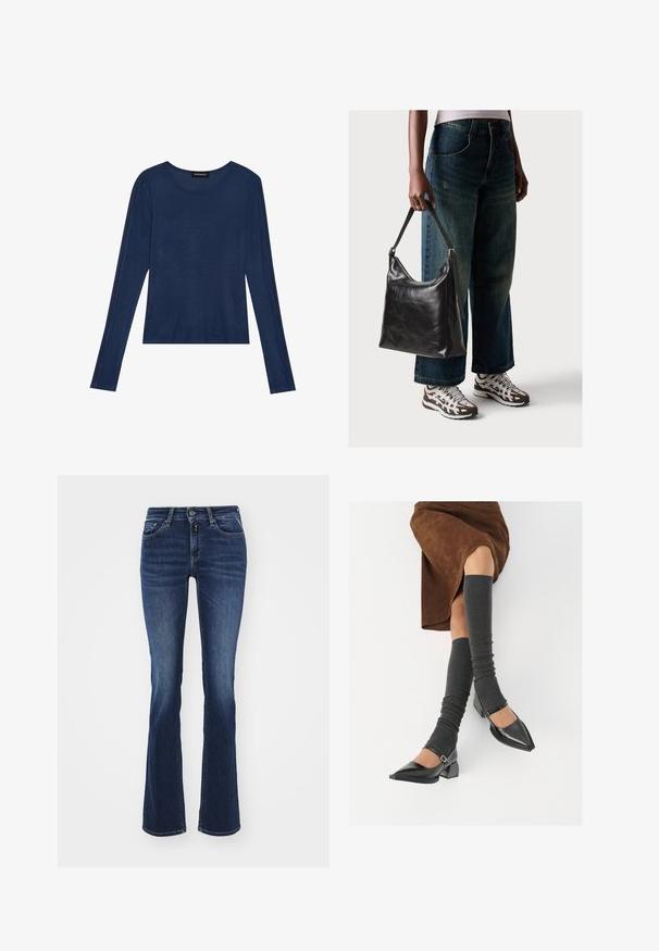 Námořnická modrá svrchní košile s dlouhým rukávem z měkké tkaniny, má kulatý výstřih a ploché švy podél rukávů, s uvolněným střihem.; Široké tmavě modré džíny vyrobené z denimu, s klasickým designem pěti kapes, předním zipem a zapínáním na knoflík. Hladká textura a střední pas.; Černé lakované boty s špičatou špičkou, blokovým podpatkem a kotníkovým páskem, spárované s šedými žebrovanými návleky na nohy a hnědskou sukní z semiše.; Černá kožená kabelka přes rameno se hladkým povrchem a nastavitelným popruhem, spárovaná s vybledlými džínami širokého střihu a sportovními teniskami.