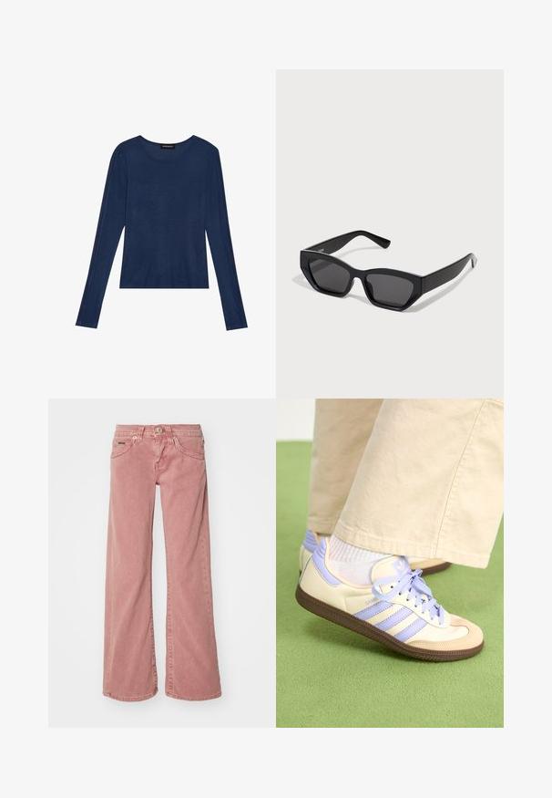 Mornarska majica s dugim rukavima od mekog materijala, s okruglim izrezom i ravnim šavovima duž rukava, s opuštenim krojem.; BDG Urban Outfitters KAYLA DUSTY - Traperice opuštenog kroja - pink; Kremasto-ljubičaste tenisice s tri pruge i strukturiranim smeškim potplatom, s vezicama i podstavljenim petom. Mekana gornja tkanina.; Crne pravokutne sunčane naočale s debelim okvirom, tamnim lećama i kutnastim dizajnom. Glatki plastični materijal bez vidljivih uzoraka ili naglasaka.; Srebrna dvostruka prsten s glatkom, poliranom površinom. Karakterizira ga fluidan, zakrivljen dizajn s preklapajućim sekcijama za moderan izgled.