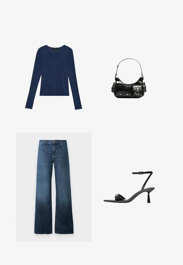 Tricou cu mânecă lungă de culoare bleumarin, dintr-un material moale, cu decolteu rotund și cusături plate pe mâneci, având o croială lejeră.; Jeans negri închis, cu picioare largi, din denim, având talie înaltă, design cu cinci buzunare și o ușoară decolorare la tiv. Închidere standard cu nasture.; Bershka Sandale cu toc - black; Geantă de mână din piele lăcuită neagră, cu o formă curbată, un umăr, buzunare frontale și accente din metal argintiu.