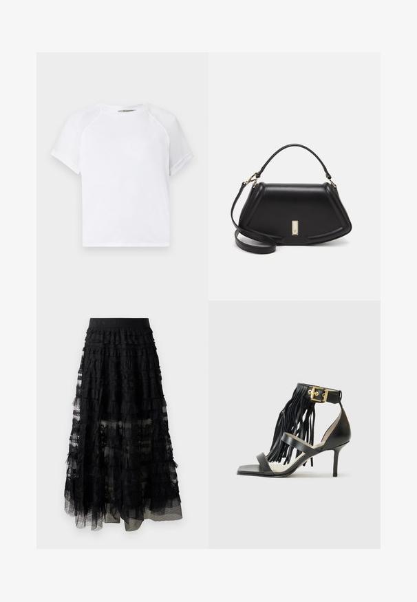 White cotton t-shirt with a crew neckline, short raglan sleeves, and a relaxed fit. Smooth texture with no visible patterns or accents.; Black tiered lace skirt with a ruffled design, featuring a wide waistband and sheer layers. Textured lace and dotted overlay presentation.; Black high-heeled sandal with fringed detail, ankle strap featuring gold hardware, flat square toe, and two crossing straps across the vamp.; Black leather handbag with a structured design, featuring a cropped shape, top handle, and gold hardware accent. Adjustable shoulder strap included.