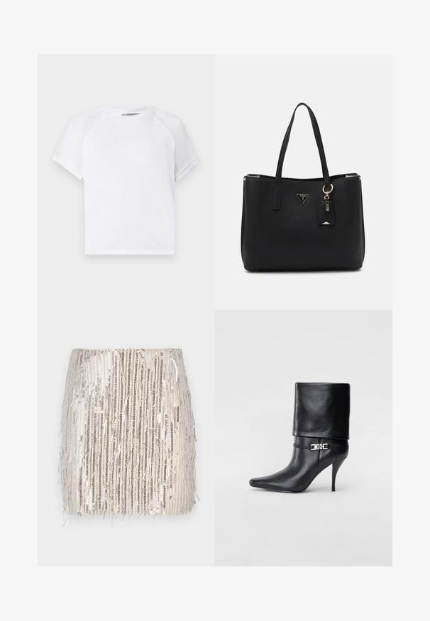 Bílý bavlněný tričko s kulatým výstřihem, krátkými raglánovými rukávy a volným střihem. Hladká texturka bez viditelných vzorů či akcentů.; Krátká sukna pokrytá flitry v béžové barvě s vertikálními černými a stříbrnými pruhy. Má třásně podél spodního lemu pro zvýšení textury a pohybu.; Černé kožené kotníkové boty s špičatou špičkou, vysokým stiletto podpatkem, ohrnovací manžetou a zlatým ozdobným přezkovým detailem na kotníku.; Černá taška přes rameno vyrobená z texturovaného syntetického materiálu, s dvojitými uchy, zlatým logem a malou visačkou s akcentem.