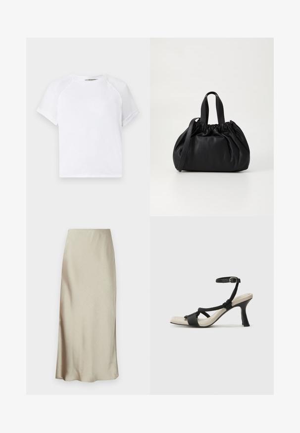 Bijela pamučna majica s okruglim izrezom, kratkim raglan rukavima i ležernim krojem. Glatka tekstura bez vidljivih uzoraka ili akcenta.; Duga, svijetlo bež suknja od glatkog materijala s blagim sjajem i lijevom rubom, koja pruža elegantan, minimalistički dizajn.; Crne sandale na visokom potpetici s dizajnom pletenih trakica, kvadratnim vrhom i podešivom trakicom oko gležnja. Svijetlosmeđi ulošci s sjajnim crnim potpeticama.; Crna kožna torba s nabranim dizajnom na vrhu, s dva kratka ručka i dugim podesivim remenom. Glatka tekstura, zaobljen oblik.