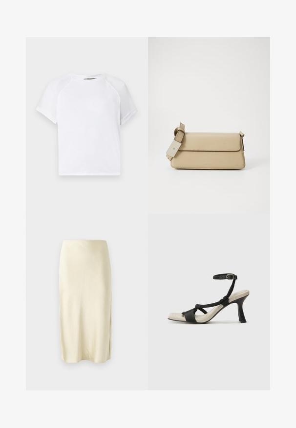 White cotton t-shirt with a crew neckline, short raglan sleeves, and a relaxed fit. Smooth texture with no visible patterns or accents.; Satin midi skirt in pale yellow with a smooth texture, featuring a side slit and a straight cut design. Simple and elegant silhouette.; Black heeled sandal with braided strap design, square toe, and adjustable ankle strap. Light beige footbed with a glossy black heel.; Beige faux leather handbag with a flap closure, adjustable strap, and minimalist design. Features subtle stitching and embossed branding.