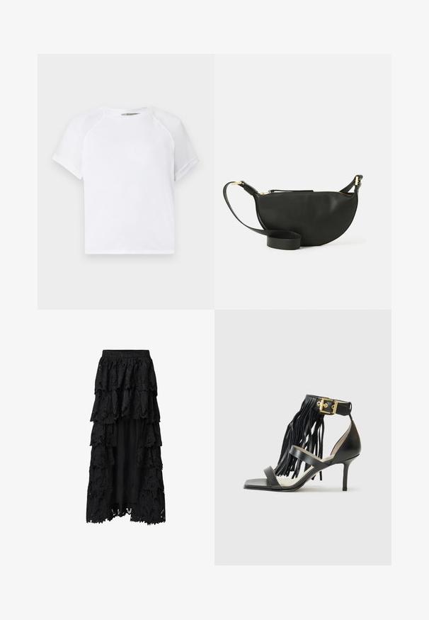 Bijela pamučna majica s okruglim izrezom, kratkim raglan rukavima i ležernim krojem. Glatka tekstura bez vidljivih uzoraka ili akcenta.; Crna suknja s naborima napravljena od čipke i tkanine, s višestrukim volanima, složenim cvjetnim uzorcima i podstavljenim unutarnjim slojem za pokrivanje.; Crne sandale na visokom potpeticu s resicama, kaiš oko članka s zlatnim detaljima, ravni kvadratni vrh i dva križna remena preko gornjeg dijela.; Crna kožna torbica preko tijela u obliku polumjeseca, teksturirana površina, zlatni zatvarač i ravni remen. Kompaktni dizajn prikladan za osnovne stvari.