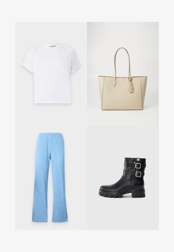 Witte katoenen t-shirt met een ronde hals, korte raglanmouwen en een relaxte fits. Gladde textuur zonder zichtbare patronen of accenten.; Lichtblauwe geplooide broek met een wijd uitlopend ontwerp, voorzien van verticale strepen en een elastische tailleband voor comfort. Glad, lichtgewicht stof.; Zwarte leren enkellaarzen met dubbele gespaccenten, ritssluiting, chunky zool en een gladde textuur. Heeft een robuust en stylish ontwerp.; Beige leren totebag met twee lange hengsels, rechthoekige vorm, hardware in goudkleur en een logo-tag detail. Gladde textuur met contrasterende stiksels.