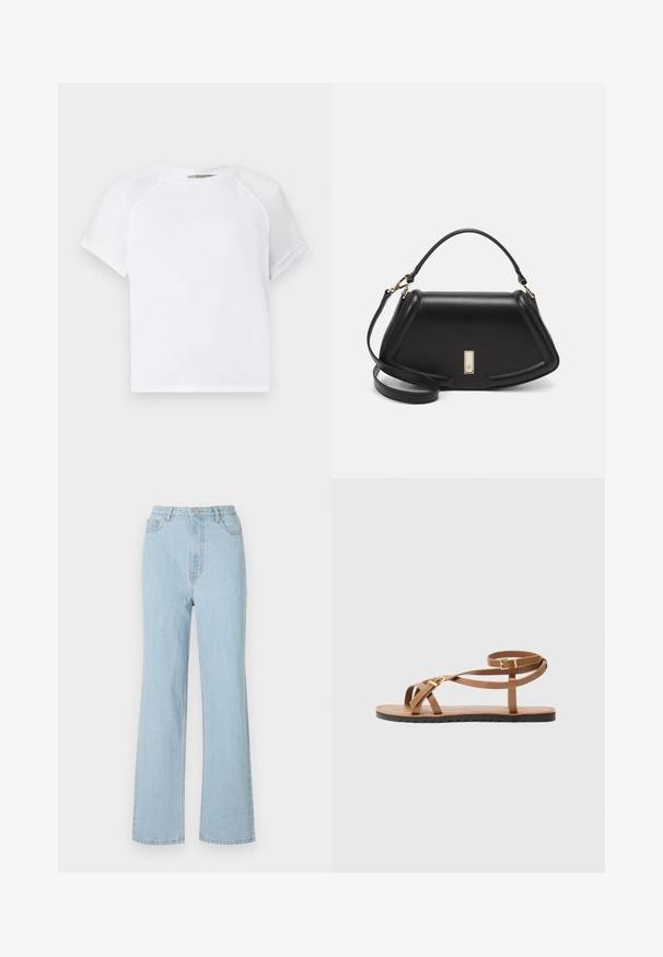 Valkoinen puuvillapaita, jossa on pyöreä kaula-aukko, lyhyet raglan-hihat ja rento istuvuus. Tasainen pinta ilman näkyviä kuvioita tai korostuksia.; Vaaleansiniset korkeavyötäröiset farkut, joissa on rento malli, leveät lahkeet ja klassinen viisi-taskuinen muotoilu. Varustettu metallinappilla ja vetoketjulla.; Ruskea nahkasandaali, jossa on ohut hihnasuunnittelu, kultasävytetty solki ja litteä musta pohja, jossa on sahalaitareuna.; Mustalla nahkalaukulla, jossa on jämäkkä muotoilu, lyhyt malli, yläkahva ja kultaiset yksityiskohdat. Säädettävä olkahihna sisältyy.