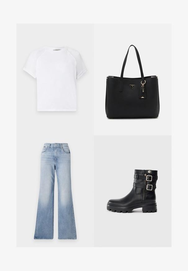Balta kokvilnas T-krekls ar apaļu kakla izgriezumu, īsām raglanu piedurknēm un brīvu piegriezumu. Gluda tekstūra bez redzamām detaļām vai akcentiem.; Gai zila džinsu bikses ar platām apakšmalēm un augstu jostasvietu, ar divām priekšējām kabatām un vieglu izbalēšanu uz augšstilbiem un kājām.; Melna ādas potīte ar dubultu sprādžu akcentiem, rāvējslēdzēja aizdari, masīvu zoli un gludu tekstūru. Izaicinoša, stilīga dizaina iezīme.; Melnā tote soma, kas izgatavota no teksturēta sintētiska materiāla, ar divām rokām, zelta logotipa plāksni un mazu piekariņu ar akcenta detaļu.