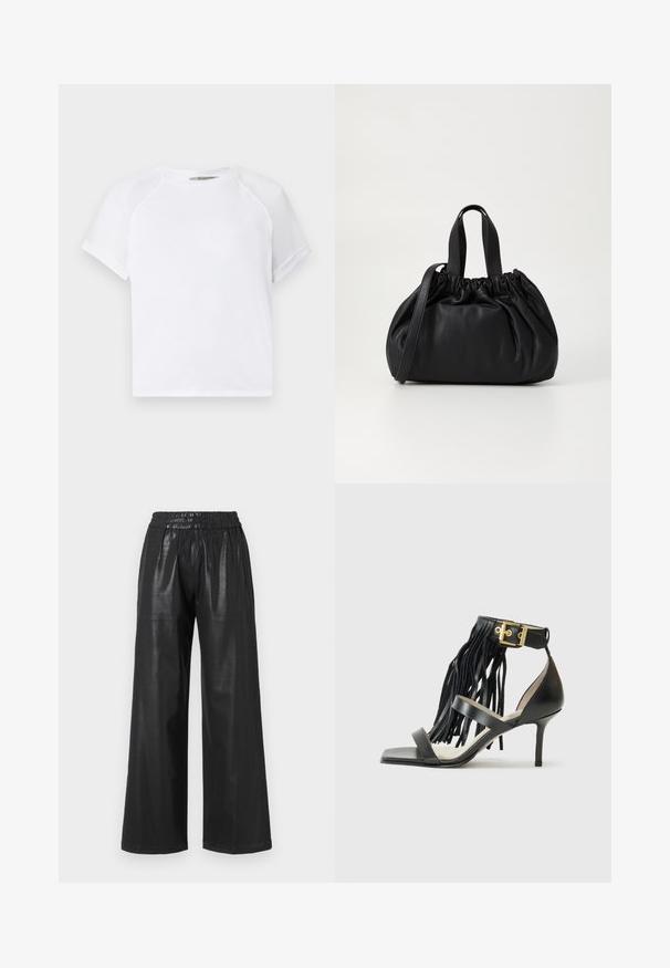 White cotton t-shirt with a crew neckline, short raglan sleeves, and a relaxed fit. Smooth texture with no visible patterns or accents.; Black faux leather wide-leg pants with an elastic waistband, featuring a smooth texture and two front pockets.; Black high-heeled sandal with fringed detail, ankle strap featuring gold hardware, flat square toe, and two crossing straps across the vamp.; Black leather handbag with a gathered top design, featuring two short handles and a long adjustable strap. Smooth texture, rounded shape.