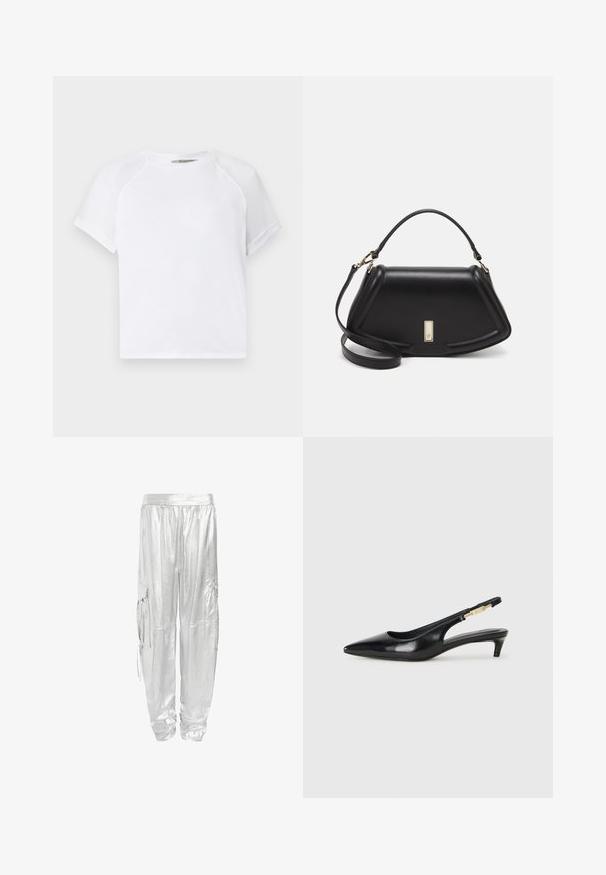 Bijela pamučna majica s okruglim izrezom, kratkim raglan rukavima i ležernim krojem. Glatka tekstura bez vidljivih uzoraka ili akcenta.; Srebrne cargo hlače s sjajnom, metalik završnom obradom. Dizajnirane s elastičnim pojasom i dva bočna džepa za funkcionalnost.; Crne kožne sandale s petom, s izduženim vrhom, imaju usku petu i zlatni akcent na podesivoj traci. Glatka tekstura.; Crna kožna torba s strukturiranim dizajnom, s krojenim oblikom, gornjom drškom i zlatnim detaljima. Uključena je podesiva ramena traka.