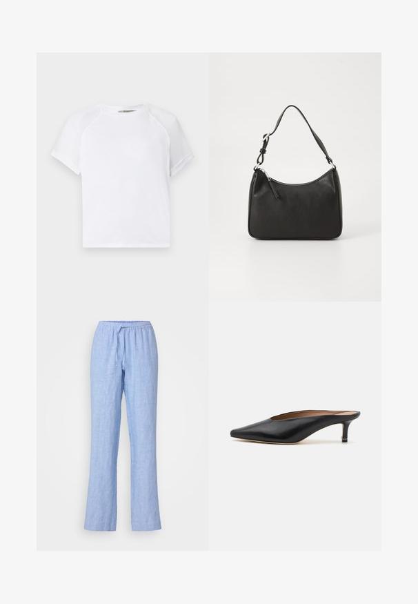 T-shirt en coton blanc avec un col rond, des manches raglan courtes et une coupe décontractée. Texture lisse sans motifs ni accents visibles.; Samsøe Samsøe HOYS STRING TROUSERS - Pantalon classique - mid blue; Mules en cuir noir avec un bout pointu et un petit talon carré. Texture lisse avec un design épuré. Dos ouvert avec un minimum de détails.; Sac à main en cuir noir avec une forme courbée, une seule sangle, fermeture éclair et un logo discret à l'avant. Texture lisse, design minimaliste.