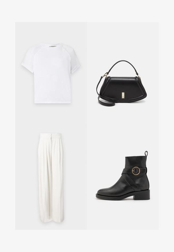 Weißes Baumwoll-T-Shirt mit Rundhalsausschnitt, kurzen Raglanärmeln und lockerer Passform. Glatte Textur ohne sichtbare Muster oder Akzente.; Hochtaillierte, weite Hosen aus einfarbigem weißen Stoff. Verfügt über eine glatte Textur mit vorderen Falten und einem verdeckten Reißverschluss auf der Rückseite.; BOSS IRYNA BOOTIE - Plateaustiefelette - black; Schwarze Lederhandtasche mit einem strukturierten Design, das eine verkürzte Form, einen oberen Griff und goldfarbene Hardware-Details aufweist. Verstellbarer Schulterriemen ist enthalten.