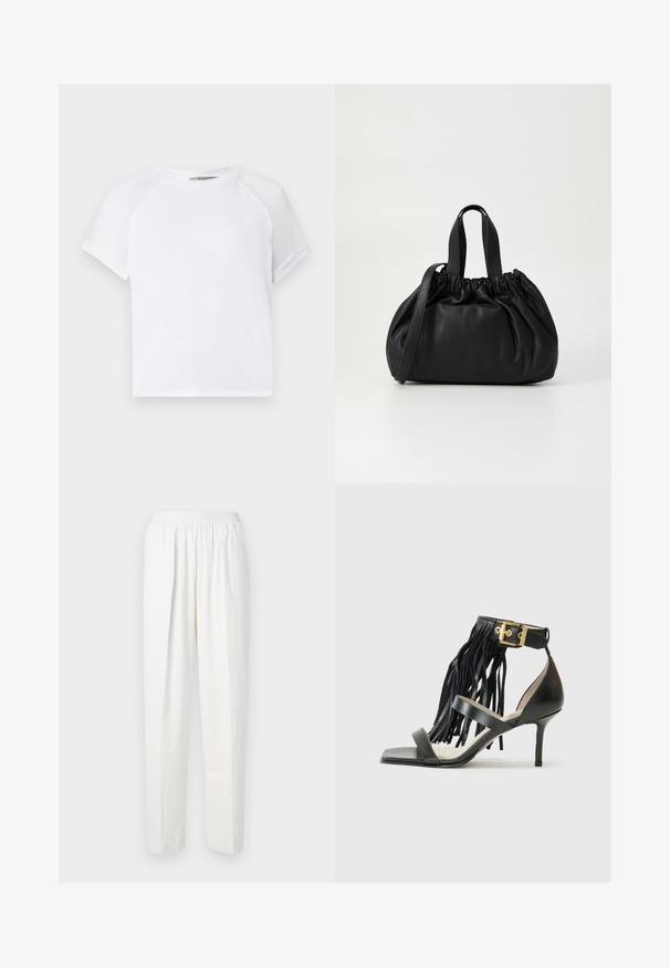 T-shirt en coton blanc avec un col rond, des manches raglan courtes et une coupe décontractée. Texture lisse sans motifs ni accents visibles.; Pantalons blancs à taille élastique avec une coupe droite, en matière douce et présentant de subtils plis avant pour une texture et un détail de design supplémentaires.; Sandale noire à talons hauts avec des franges, bride de cheville avec quincaillerie dorée, bout carré plat et deux brides croisées sur l'empeigne.; Sac à main en cuir noir avec un design à haut froncé, doté de deux poignées courtes et d'une bandoulière longue et réglable. Texture lisse, forme arrondie.