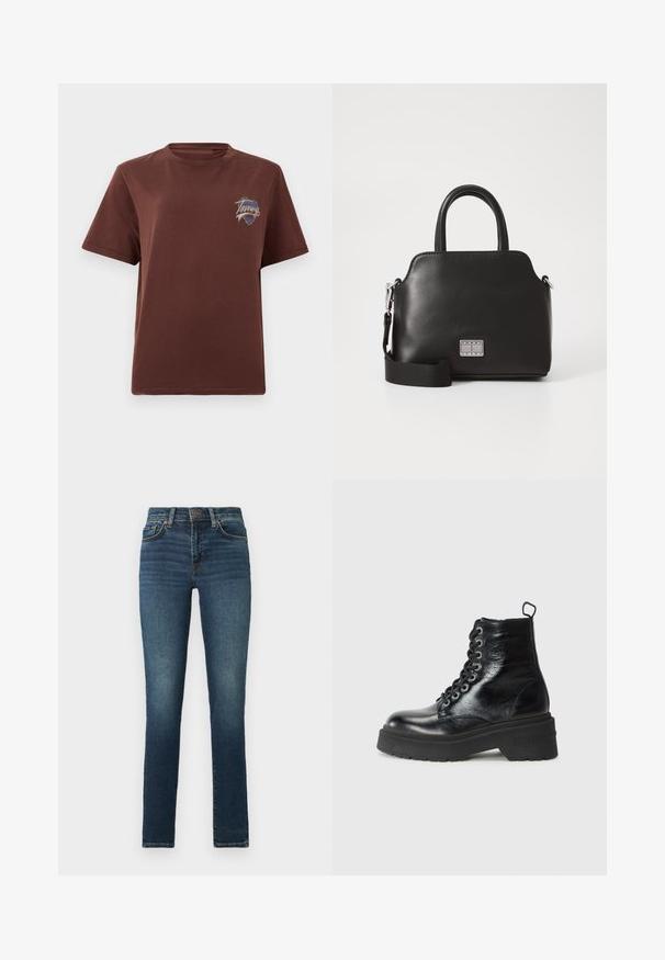 Barna pamut póló kerek nyakú, rövid ujjú, kis hímezett logóval a mellkasán, amely szöveges és grafikus részleteket tartalmaz.; Sötétkék farmernadrág, melynek elülső része kissé megfakult. Klasszikus öt zsebes dizájn és cipzáras, gombos zárás jellemzi.; Fekete bokacsizmák fényes felülettel, vastag talpú platform kialakítással és fűzős designnal, amelyen a "TOMMY" márka jól láthatóan szerepel.; Fekete szintetikus kézitáska, felső fogantyúkkal, levehető vállpánttal, kerek formával, sima textúrával és ezüst logóval az elején.