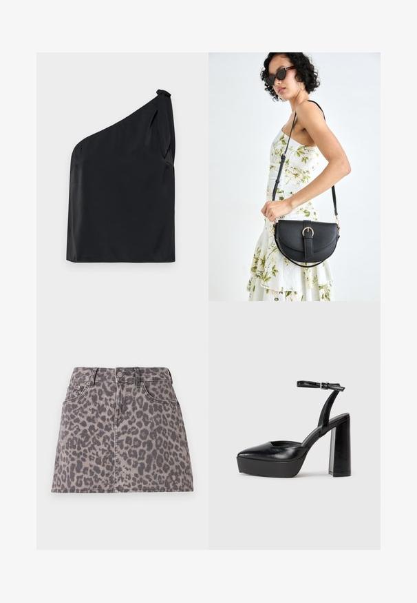 Top preto de um ombro feito de tecido suave, com um detalhe de laço no ombro e um corte descontraído. Design minimalista com linhas limpas.; Saia mini em denim com padrão de leopardo em tons de cinza, apresentando um design clássico de cinco bolsos e um fecho com botão na frente.; Saltos altos pretos com bico fino e atilho ajustável no tornozelo. Confeccionados em couro suave, apresentam um salto bloco robusto.; Bolsa de couro preta com forma curva, alça destacável e detalhes em dourado. A bolsa possui uma aba com detalhe de fivela.