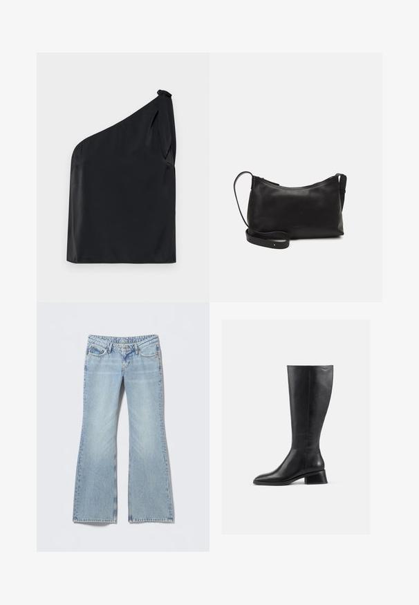 Black one-shoulder top made of smooth fabric, featuring a tie detail at the shoulder and a relaxed fit. Minimalist design with clean lines.; Light blue flared jeans with a faded finish, five-pocket design, and contrasting stitching. Cotton denim with a smooth texture.; Knee-high black leather boot with a rounded toe and low, block heel. Features a smooth texture and minimal stitching detail.; Black leather shoulder bag with a smooth texture, curved shape, adjustable strap, and a zip closure. Minimalist design without embellishments.