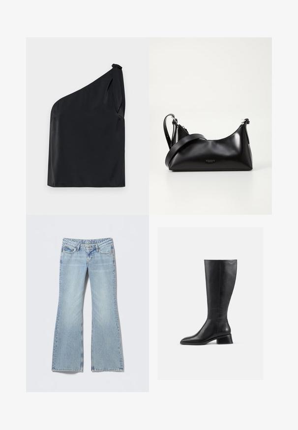 Melna blūze ar vienu plecu, izgatavota no gludas auduma, ar kakla saitīti un brīvu piegriezumu. Minimalistisks dizains ar tīrām līnijām.; Gaiši zilas zvērinātas džinsa bikses ar izbalējušu apdari, piecu kabatu dizainu un kontrastējošām šuvēm. Kokvilnas džinsa audums ar gludu tekstūru.; Ceļgala augstuma melna ādas zābaks ar noapaļotu degunu un zemu, bloku papēdi. Iezīmējas ar gludu tekstūru un minimālu šuvju detaļu.; Melnas ādas rokassomu ar gludu tekstūru. Aprīkota ar regulējamu siksniņu un elegantu, minimālistisku dizainu ar rāvējslēdzēju.