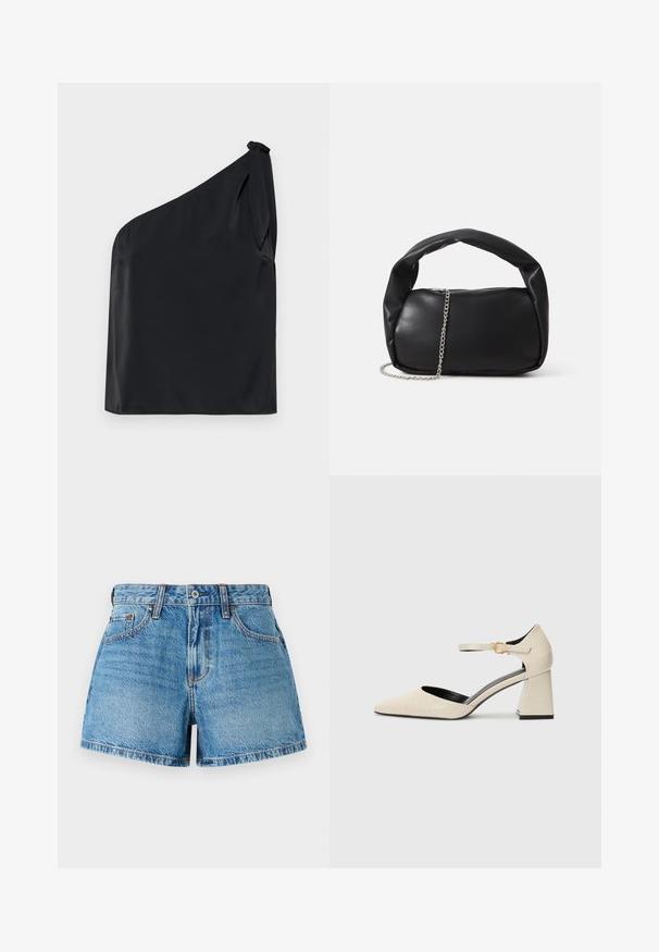 Top negro de un solo hombro hecho de una tela suave, con un detalle de lazo en el hombro y un corte relajado. Diseño minimalista con líneas limpias.; Pantalones cortos de mezclilla en un lavado azul claro, con una cintura alta, diseño tradicional de cinco bolsillos y costuras en contraste para un detalle texturizado.; Zapatos de tacón cuadrado de imitación cuero en beige, con puntera puntiaguda, tira en el tobillo y sutil detalle de textura de cocodrilo. Forro interior negro.; Bolso de cuero negro con forma redondeada, asa gruesa y correa de cadena plateada. Textura suave con un ligero brillo.