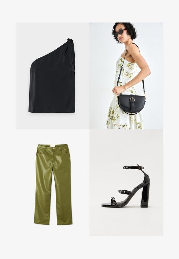 Melna blūze ar vienu plecu, izgatavota no gludas auduma, ar kakla saitīti un brīvu piegriezumu. Minimalistisks dizains ar tīrām līnijām.; Olīvu zaļas, augsto jostasvietu mākslīgā āda bikses ar gludu tekstūru, četriem kabatām un priekšējo pogu aizdari. Taisnas kāju dizains.; Melnas lakotas augstpapēžu čības ar kvadrāta purngalu, potīšu siksniņām un sudraba sprādzēm. Aprīkotas ar masīvu bloku papēdi stabilitātei.; Melnas ādas rokassoma ar izliekta formu, noņemamu siksnu un zelta aksesuāriem. Somai ir vāciņš ar sprādzes detaļu.