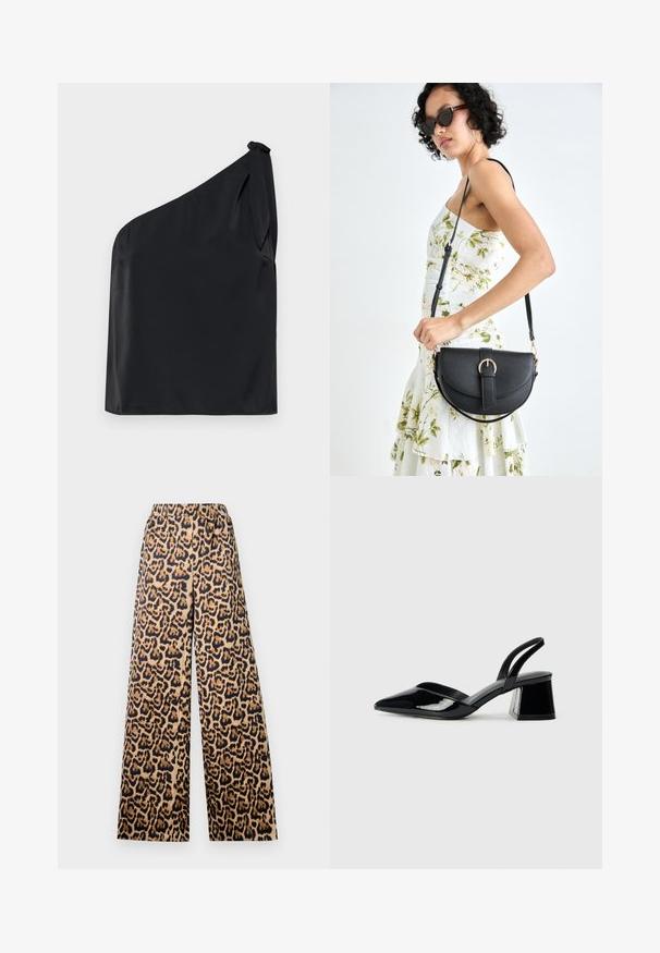 Crni top na jedno rame napravljen od glatkog materijala, s detaljem vezivanja na ramenu i opuštenim krojem. Minimalistički dizajn s čistim linijama.; Široke hlače s leopard uzorkom u bež i crnoj boji, s elastičnom strukom i glatkom teksturom.; Crne lakirane kožne sandale s otvorenom petom i špicastim vrhom, s geometrijskom blok petom. Imaju elegantan, minimalistički dizajn i glatku teksturu.; Crna kožna torba s lukovitim oblikom, odvojivim remenom i zlatnim detaljima. Torba ima preklop s kopčom.