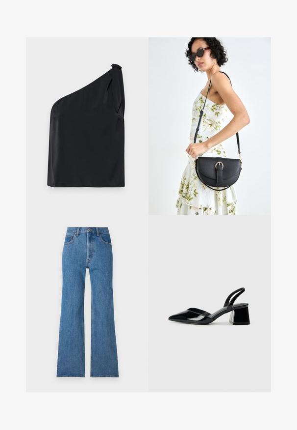 Crni top na jedno rame napravljen od glatkog materijala, s detaljem vezivanja na ramenu i opuštenim krojem. Minimalistički dizajn s čistim linijama.; Plave traperice s visokim strukom, širokim nogavicama, s kopčanjem na patentni zatvarač i pet džepova. Tkanina ima klasičnu teksturu s izblijedjelim detaljima.; Crne lakirane kožne sandale s otvorenom petom i špicastim vrhom, s geometrijskom blok petom. Imaju elegantan, minimalistički dizajn i glatku teksturu.; Crna kožna torba s lukovitim oblikom, odvojivim remenom i zlatnim detaljima. Torba ima preklop s kopčom.