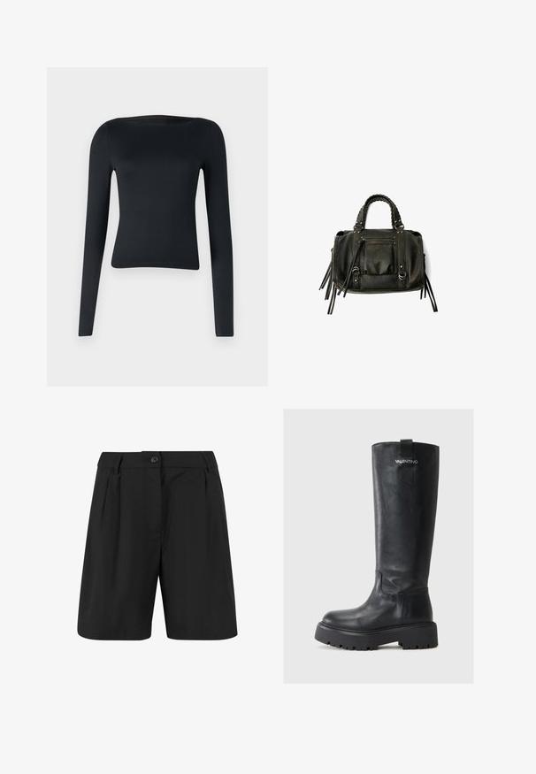 Fekete, hosszú ujjú felső, rugalmas anyagból készült; széles, bárka nyakkivágással rendelkezik, és testhezálló dizájnja van, amely a deréknál szűkül.; Fekete, szabású nadrág rövidnadrág, elülső redőkkel, lapos elülső résszel, és egy gombos záródással. Sima szövettextúra.; Magas fekete bőrcsizmák lekerekített orral, vastag talppal és texturált felülettel. Hátul logóval és húzófüllel rendelkezik.; Fekete bőrtáska fonott füllel, cipzáras zsebbel és lógó bojtokkal. Texturált felület fém szegecsekkel és hardver díszítésekkel.