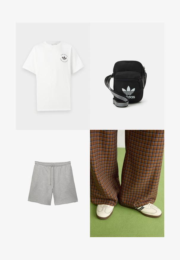 Biele bavlnené tričko s krátkymi rukávmi, okrúhlym výstrihom a čiernym logom Adidas Originals potlačeným na ľavej strane hrude.; Šedé bavlnené šortky s elastickým pásom a šnúrkou, s dvoma bočnými vreckami a jemným, textúrovaným povrchom.; Hnedé a modré kárované nohavice s širokými nohavicami skombinované s bielymi topánkami s čiernymi akcentmi a textúrovanými podrážkami, umiestnené na zelenom pozadí.; Čierna textilná crossbody taška so zipsovým uzáverom, ktorá má biele logo Adidas a pruhovaný nastaviteľný popruh pre jednoduché nosenie.