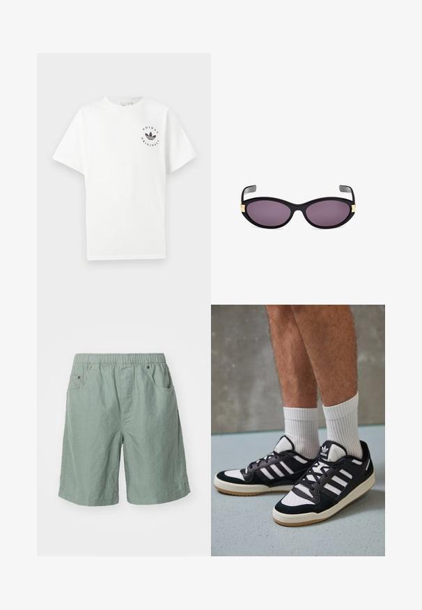 White cotton t-shirt with short sleeves, round neckline, and black Adidas Originals logo printed on the left chest.; Light green shorts made of textured fabric with an elastic waistband, featuring two side pockets and minimal stitching details.; Black and white sneakers with a suede and leather upper, featuring three white stripes, a perforated toe, and a gum rubber sole.; Black cat-eye sunglasses with purple lenses. Features gold accents near the temples. Smooth plastic frame with a glossy finish.