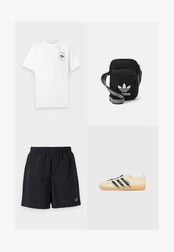 Fehér pamut póló rövid ujjal, kerek nyakkivágással, és fekete Adidas Originals logóval nyomtatva a bal mellrészen.; Fekete rövidnadrág, gumis derékkal, a jobb alsó sarokban logóval, könnyű, gyűrődött textúrájú anyagból készült.; Világoskrém színű sneaker fekete háromsávos dizájnnal, textúrált felsőrésszel, kerek orral és gumitalppal. Felszereltsége közé tartozik a fűzés és a logó az oldalán.; Fekete anyagú, keresztpántos táska cipzáras záródással, fehér Adidas logóval és csíkos állítható pánttal a könnyű hordozás érdekében.