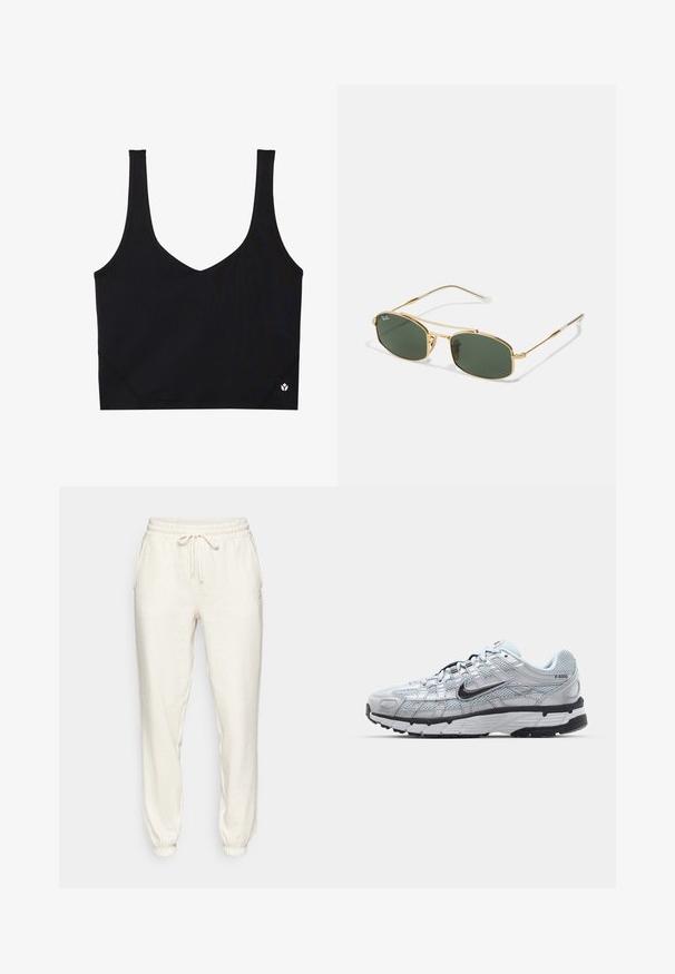 Fekete sportmelltartó széles pántokkal, V-nyakkivágással, texturált anyagból készült, és logo részlettel az alján. Sima felület, minimalista stílus.; Világos bézs színű melegítőnadrág, puha anyagból készült, rugalmas derékrésszel és zsinórral, oldalsó zsebekkel és lekerekített bokákkal.; Nike P-6000 sportcipő, világosszürke hálós felsőrésszel, fekete részletekkel és tartós fekete gumitalppal. Bonyolult dizájnnal és fűzőrendszerrel rendelkezik.; Aranyszínű fém napszemüveg zöld lencsékkel, amelynek szögletes formája és karcsú szárai vannak. A dizájn vékony keretet és diszkrét márkázást tartalmaz a lencsén.