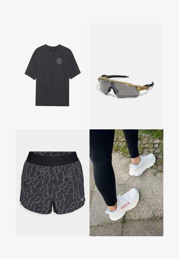 Dunkelgraues Baumwoll-T-Shirt mit rundem Hals und kurzen Ärmeln, mit einer weißen Sonnen-Grafik auf der linken Brustseite.; Schwarze und graue Leopardenmuster-Shorts mit einem breiten, elastischen Bund, die einen subtilen Glanz aufweisen und ein kleines weißes Nike-Logo unten rechts tragen.; HOKA BONDI 8 - Laufschuh Straße - frost/rose gold; Sportsonnenbrille mit einem grünen gemusterten Rahmen, schwarzen Bügeln und grauen Gläsern. Das Design verfügt über eine Wraparound-Form mit einer auffälligen, sportlichen Silhouette.